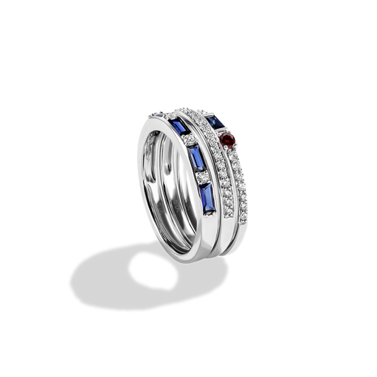 Women's Stackable Ring Set with Blue Sapphire, Garnet and 1/3 CT.TW. Diamonds set in Sterling Silver