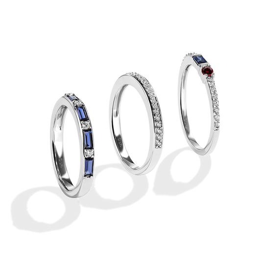 Women's Stackable Ring Set with Blue Sapphire, Garnet and 1/3 CT.TW. Diamonds set in Sterling Silver