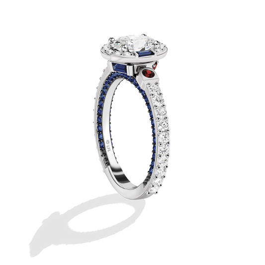 Women's Galaxy Star Engagement Ring with Blue Sapphire, Garnet and Lab Grown Diamonds set in 14K White Gold
