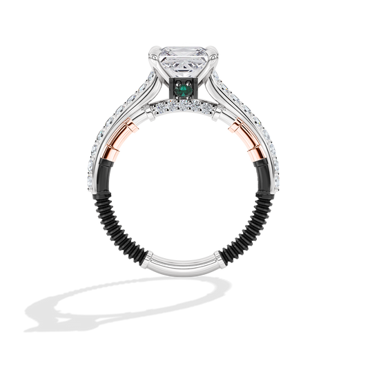 Women's Galaxy Star Engagement Ring with Emerald and Lab Grown Diamonds set in 14K Gold and Black Rhodium