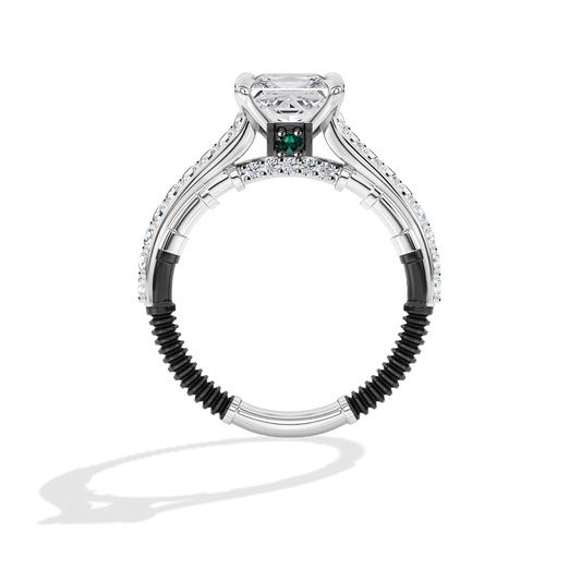 Women's Galaxy Star Engagement Ring with Emerald and Lab Grown Diamonds set in 14K Gold and Black Rhodium