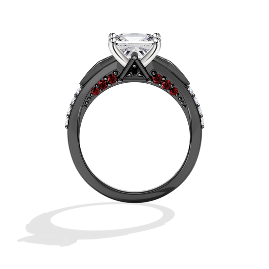 Women's Galaxy Star Engagement Ring with Black Diamonds, Garnet and Lab Grown Diamonds set in 14K White Gold and Black Rhodium