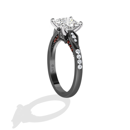 Women's Galaxy Star Engagement Ring with Black Diamonds, Garnet and Lab Grown Diamonds set in 14K White Gold and Black Rhodium