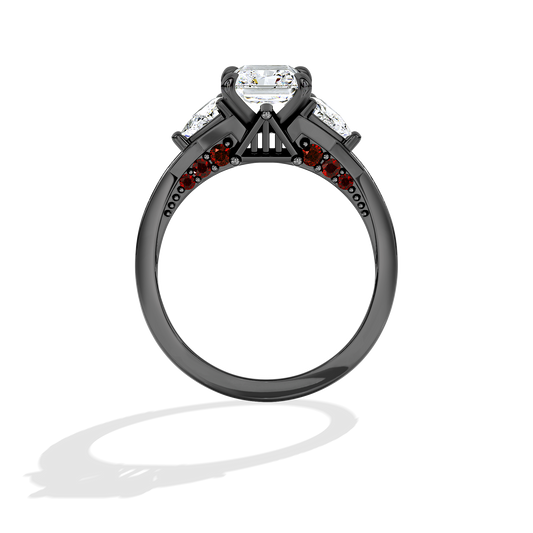 Women's Galaxy Star Engagement Ring with Garnet and Lab Grown Diamonds set in 14K White Gold and Black Rhodium