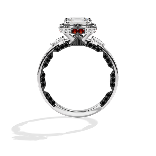 Women's Galaxy Star Engagement Ring with Black Spinel, Garnet and Lab Grown Diamonds set in 14K White Gold and Black Rhodium