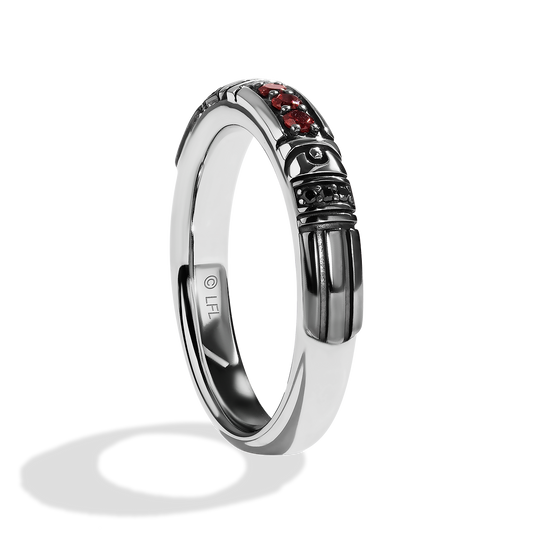 Men's Ring with Garnet and Black Diamonds Accents set in Sterling Silver with Black Rhodium
