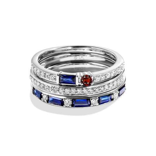 Women's Stackable Ring Set with Blue Sapphire, Garnet and 1/3 CT.TW. Diamonds set in Sterling Silver