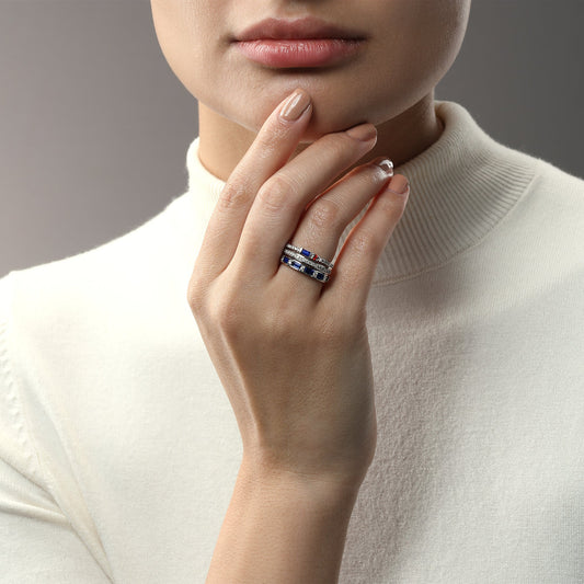 Women's Stackable Ring Set with Blue Sapphire, Garnet and 1/3 CT.TW. Diamonds set in Sterling Silver