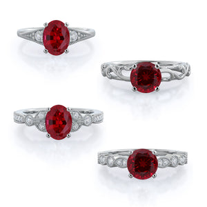 Four vintage style ruby rings, in 14 kt white gold