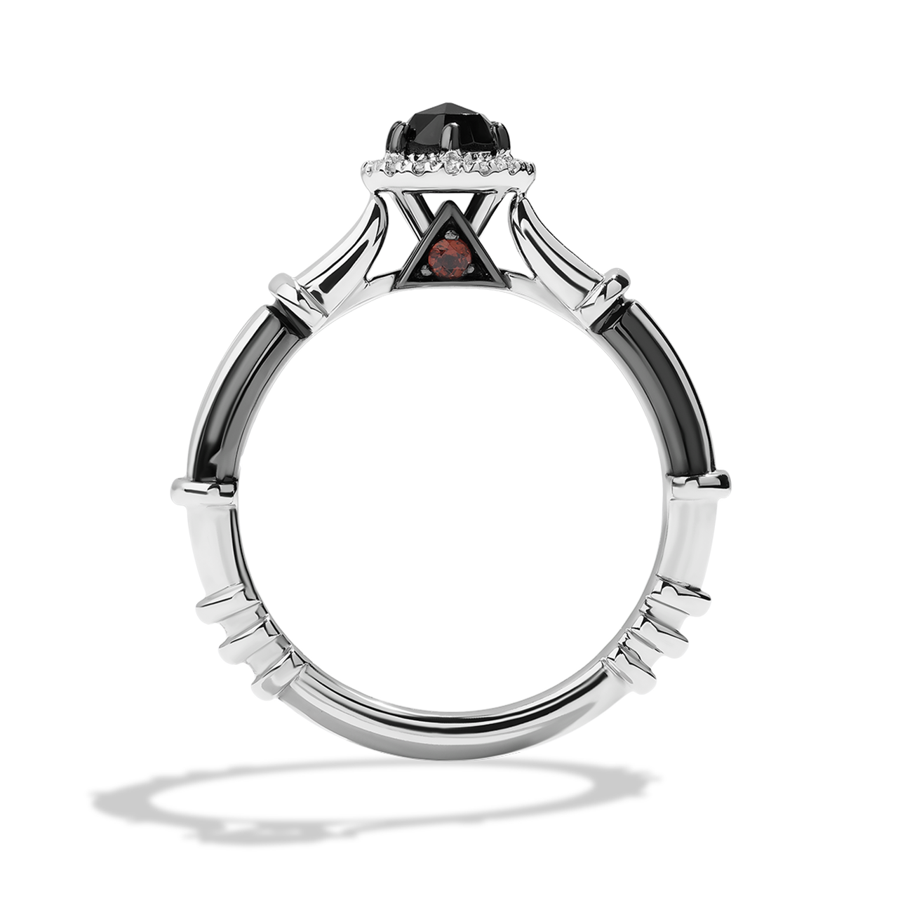 DARK ARMOR ENGAGEMENT RING 5/8 CT.TW. Black Rose Cut Diamond and White Diamonds, Garnet, 14k White Gold with Black Rhodium