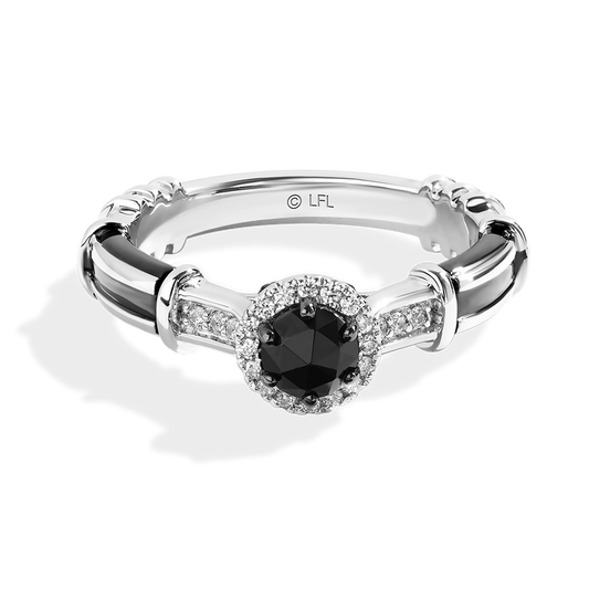 DARK ARMOR ENGAGEMENT RING 5/8 CT.TW. Black Rose Cut Diamond and White Diamonds, Garnet, 14k White Gold with Black Rhodium