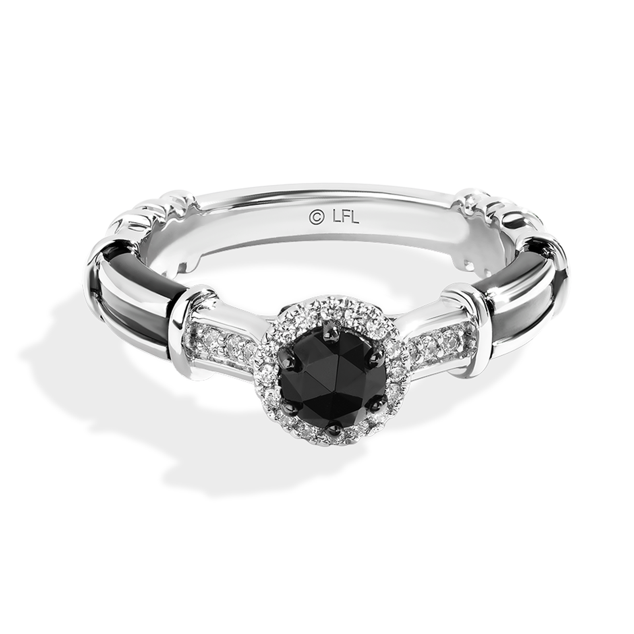 DARK ARMOR ENGAGEMENT RING 5/8 CT.TW. Black Rose Cut Diamond and White Diamonds, Garnet, 14k White Gold with Black Rhodium