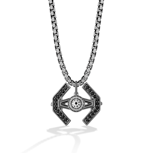 TIE FIGHTER™ Unisex Pendant with Black Onyx and 1/20 CT.TW. Black Diamonds in Black Rhodium over Sterling Silver