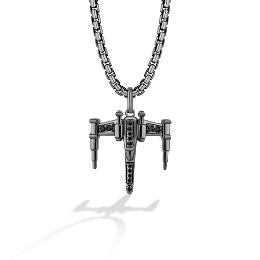 X-Wing™ Men's Pendant with Black Onyx and 1/20 CT.TW. Black Diamonds in Black Rhodium over Sterling Silver