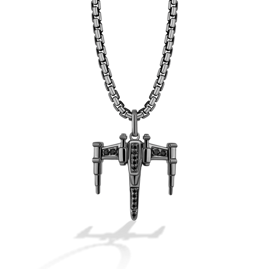 X-Wing™ Men's Pendant with Black Onyx and 1/20 CT.TW. Black Diamonds in Black Rhodium over Sterling Silver