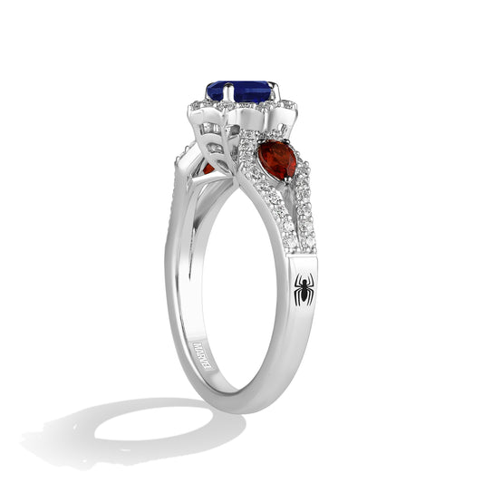 Women's Engagement Ring with Created Ruby, Created Blue Sapphire and Lab Grown Diamonds in 14K White Gold