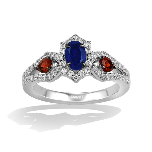 Women's Engagement Ring with Created Ruby, Created Blue Sapphire and Lab Grown Diamonds in 14K White Gold