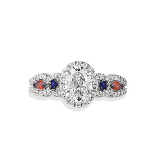 Women's Engagement Ring with Created Ruby, Created Blue Sapphire and Lab Grown Diamond in 14K White Gold