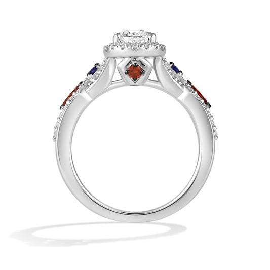 Women's Engagement Ring with Created Ruby, Created Blue Sapphire and Lab Grown Diamond in 14K White Gold