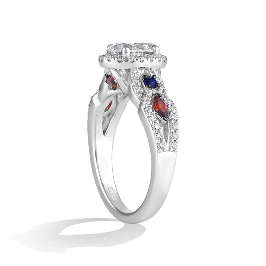 Women's Engagement Ring with Created Ruby, Created Blue Sapphire and Lab Grown Diamond in 14K White Gold