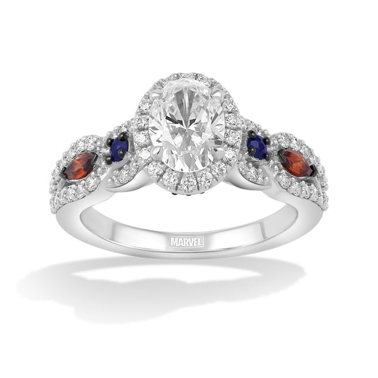 Women's Engagement Ring with Created Ruby, Created Blue Sapphire and Lab Grown Diamond in 14K White Gold