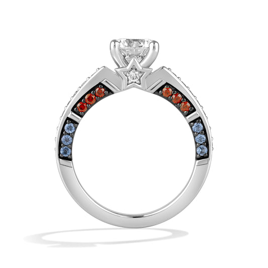 Women's Engagement Ring with Red Garnet, Swiss Blue Topaz and Lab Grown Diamond in 14K White Gold