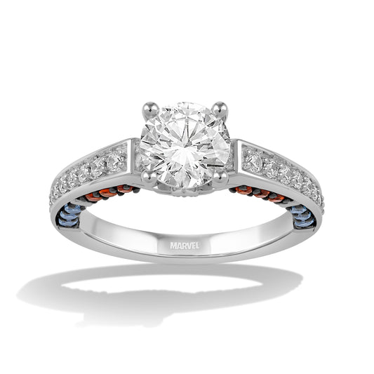 Women's Engagement Ring with Red Garnet, Swiss Blue Topaz and Lab Grown Diamond in 14K White Gold