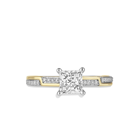 Women's Engagement Ring with Red Garnet and Lab Grown Diamond in 14K Yellow and White Gold