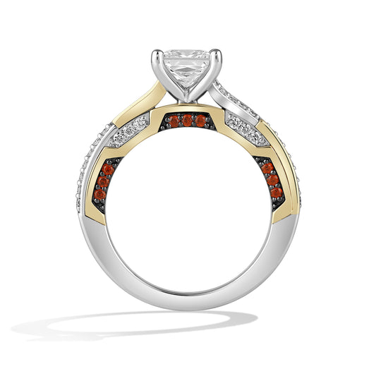 Women's Engagement Ring with Red Garnet and Lab Grown Diamond in 14K Yellow and White Gold