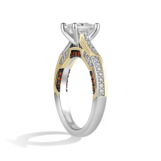 Women's Engagement Ring with Red Garnet and Lab Grown Diamond in 14K Yellow and White Gold