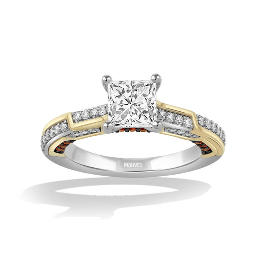 Women's Engagement Ring with Red Garnet and Lab Grown Diamond in 14K Yellow and White Gold