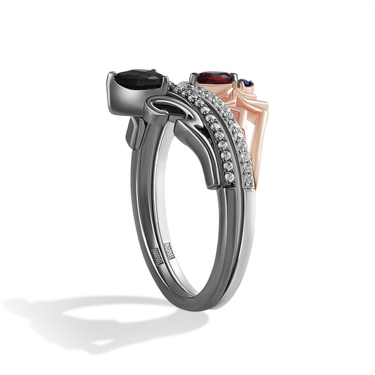 Women's Ring with Red Garnet, Blue Sapphire, Black Onyx and 1/6 CT.TW Diamonds in 10K Rose Gold and Black Rhodium over Sterling Silver