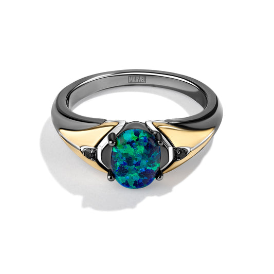 Women's Ring with Oval Created Green Opal and 1/20 CT.TW Diamonds in 14K Yellow Gold and Black Rhodium over Sterling Silver