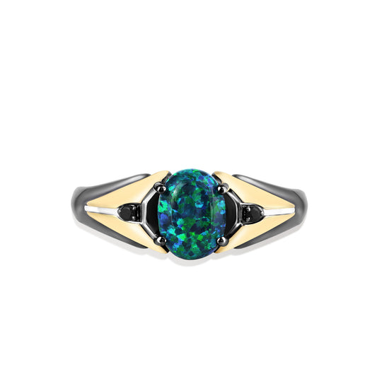 Women's Ring with Oval Created Green Opal and 1/20 CT.TW Diamonds in 14K Yellow Gold and Black Rhodium over Sterling Silver