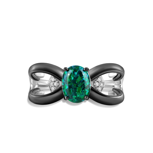 Women's Ring with Created Green Opal and 1/20 CT.TW Diamonds in Black Rhodium over Sterling Silver