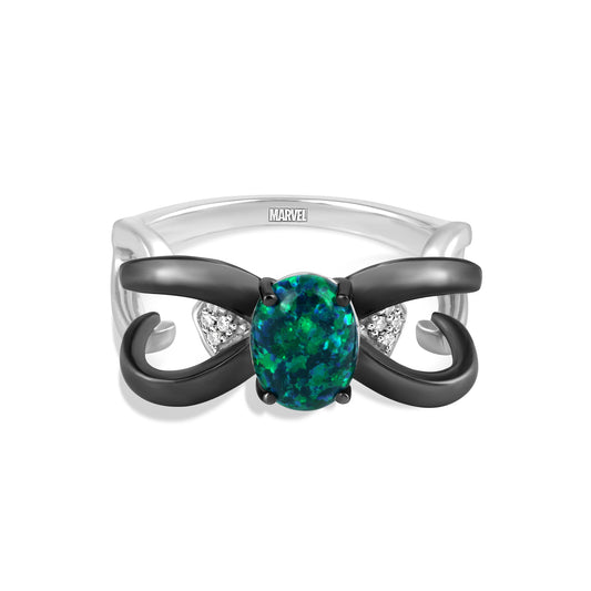 Women's Ring with Created Green Opal and 1/20 CT.TW Diamonds in Black Rhodium over Sterling Silver