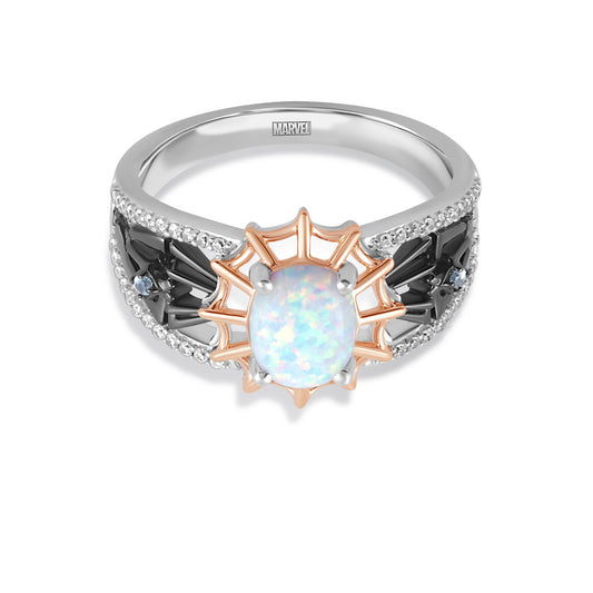 Women's Ghost Spider Ring with Oval Created Opal, Swiss Blue Topaz and 1/6 CT.TW Diamonds in 10K Rose Gold and Sterling Silver