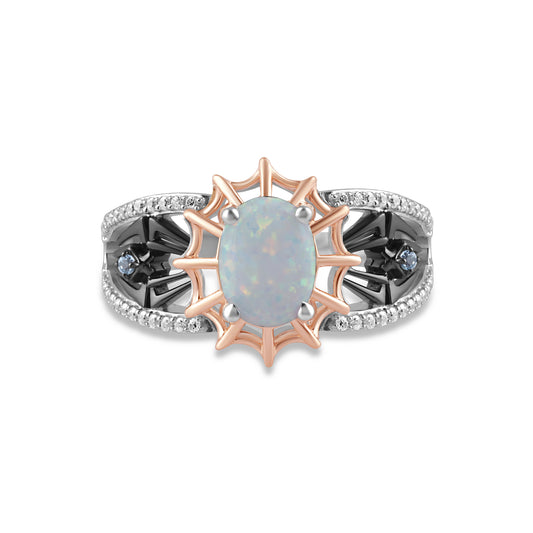 Women's Ghost Spider Ring with Oval Created Opal, Swiss Blue Topaz and 1/6 CT.TW Diamonds in 10K Rose Gold and Sterling Silver