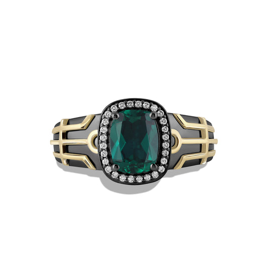 Women's Ring with Created Green Emerald, Chrome Diopside and 1/10 CT.TW Diamonds in 10K Yellow Gold and Black Rhodium over Sterling Silver