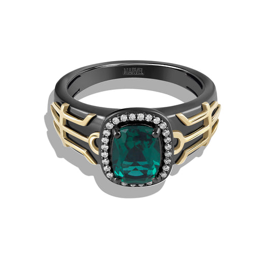 Women's Ring with Created Green Emerald, Chrome Diopside and 1/10 CT.TW Diamonds in 10K Yellow Gold and Black Rhodium over Sterling Silver