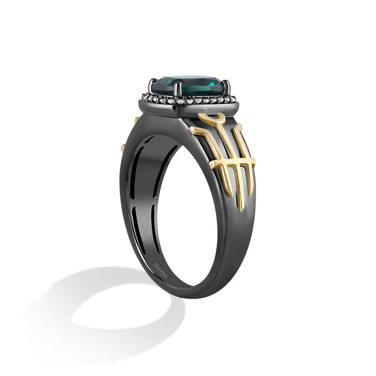 Women's Ring with Created Green Emerald, Chrome Diopside and 1/10 CT.TW Diamonds in 10K Yellow Gold and Black Rhodium over Sterling Silver