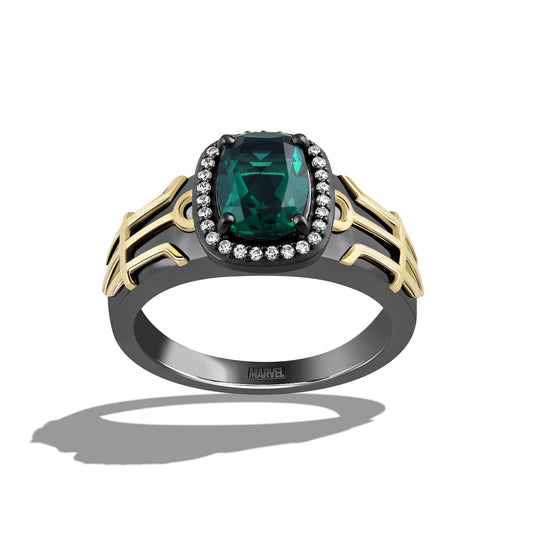 Women's Ring with Created Green Emerald, Chrome Diopside and 1/10 CT.TW Diamonds in 10K Yellow Gold and Black Rhodium over Sterling Silver