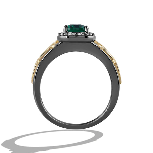 Women's Ring with Created Green Emerald, Chrome Diopside and 1/10 CT.TW Diamonds in 10K Yellow Gold and Black Rhodium over Sterling Silver