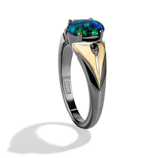 Women's Ring with Oval Created Green Opal and 1/20 CT.TW Diamonds in 14K Yellow Gold and Black Rhodium over Sterling Silver