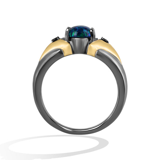 Women's Ring with Oval Created Green Opal and 1/20 CT.TW Diamonds in 14K Yellow Gold and Black Rhodium over Sterling Silver