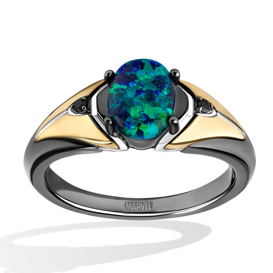 Women's Ring with Oval Created Green Opal and 1/20 CT.TW Diamonds in 14K Yellow Gold and Black Rhodium over Sterling Silver