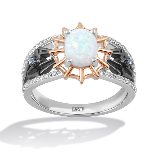 Women's Ghost Spider Ring with Oval Created Opal, Swiss Blue Topaz and 1/6 CT.TW Diamonds in 10K Rose Gold and Sterling Silver