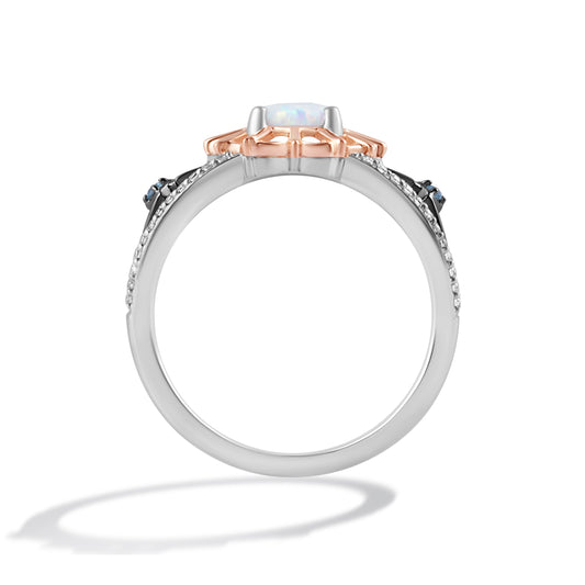 Women's Ghost Spider Ring with Oval Created Opal, Swiss Blue Topaz and 1/6 CT.TW Diamonds in 10K Rose Gold and Sterling Silver