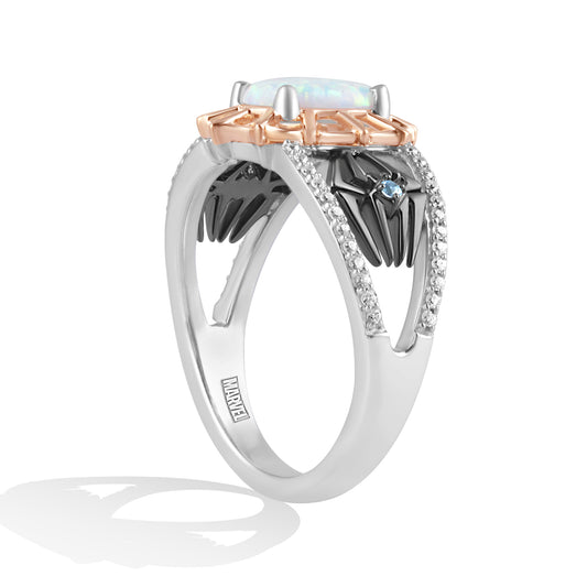 Women's Ghost Spider Ring with Oval Created Opal, Swiss Blue Topaz and 1/6 CT.TW Diamonds in 10K Rose Gold and Sterling Silver