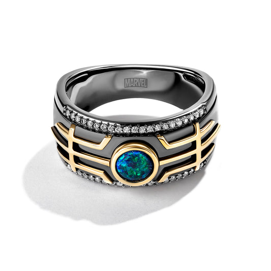 Men's Ring with Created Green Opal and 1/6 CT.TW Diamonds in 14K Yellow Gold and Black Rhodium over Sterling Silver
